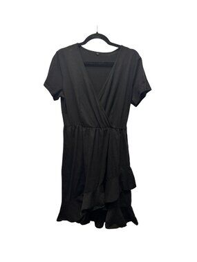 Women’s Black Faux Wrap Ruffle Hem Dress Size Large Short Sleeve Fit & Flare